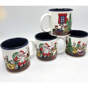 Potpourri Press Santa Elves Lot 4 Mugs Workshop List Japan Christmas Elf Blue